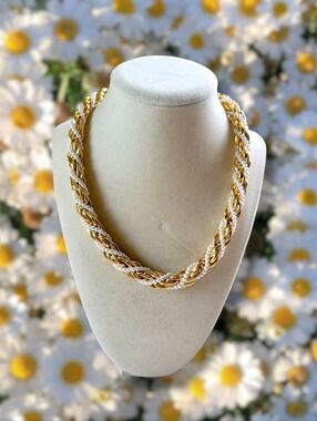 Classic Gold Tone Faux Pearl Twisted Rope Chain Necklace